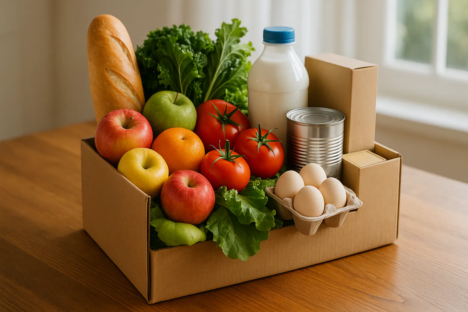 A box of fresh groceries and pantry staples