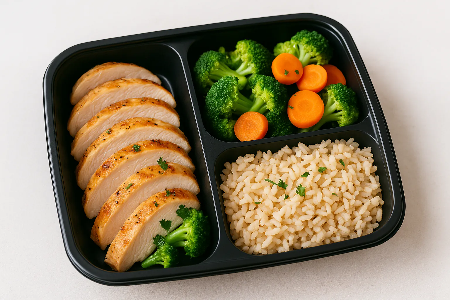 A healthy ready-to-eat meal with chicken, vegetables and rice